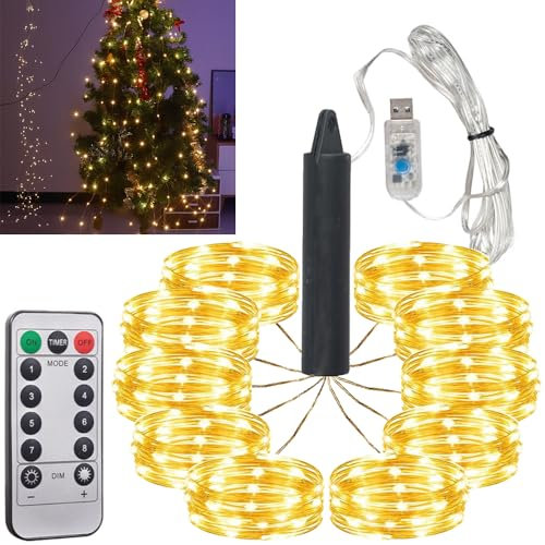 HeaHap Lot de 10 guirlandes lumineuses de 2 m en fil de cuivre avec port USB, 200 perles LED étanches pour diverses ambiances, fêtes et décoration pour sapin de Noël