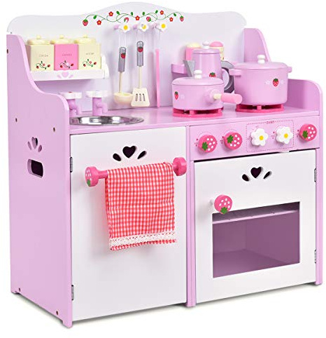 COSTWAY Kids Wooden Kitchen, Pink Strawberry Pretend Role Play Kitchen with 13-Pieces Cookware, Realistic Sound, Sink, Oven, Kitchen Playset Gift for Toddlers