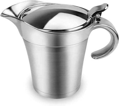 Edelstahl Sauciere 450ml, Doppelt Isoliert mit Klappdeckel Soßenkanne | Thermo-Sauciere mit Deckel, Eleganter Silberner Saucenkrug zum Servieren von Soße Vanillesoße Sahne Hause oder Dinnerpartys