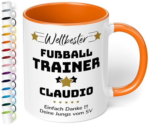 True Statements Geschenk für Trainer: Keramik-Tasse „Weltbester Trainer“ personalisiert mit Sportart, Namen und Wunschtext – Kaffeebecher 330ml. - Fußball Handball (Orange)