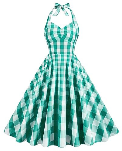 Robe Rockabilly Pin Up à Carreaux Audrey Hepburn 1950s - Deguisement Cocktail Vintage à Bretelles - Jupe Mi-Longue Trapeze Femme