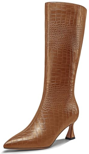 NobleOnly Donna Medio Tacco Heel Chiusa a Punta Cerniera Ballo Dress Metà polpaccio Stivali Casual Inverno Scarpe 6 CM Heels Marrone 40 EU