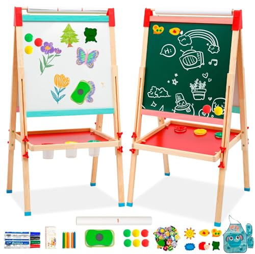 Arkyomi tafel kinder staffelei holz,kindertafel Doppelseitige kreidetafel und whiteboard set höhenverstellbar maltafel mit papierrolle spieltafel standtafel mit zubehör ab 3 4 5 6 jahre