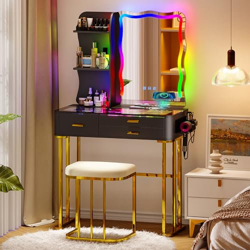 Figbird Schminktisch mit Beleuchtung LED, RGB Schminktisch mit Spiegel Schubladen Glasplatte 3 Schubladen Lippenstiftständer, Haartrocknerständer Frisiertisch für Schlafzimmer Wohnzimmer