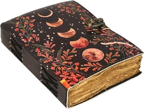 Blank Spell Book of Shadows Journal with Lock Clasp Vintage Handmade Leather Journal Moon Phase Print Diary Prayer Pagan Witchcraft Supplies Wiccan Decor Notebook Daily (8x6)