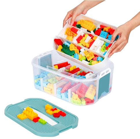 Nicecastle Toy Storage Organizer for Lego Plastic Kids Container Box Stackable Building Block Playroom Organization Bin with Bricks Baseplate Lids Clear Adjustable Compartments Portable Chest Case