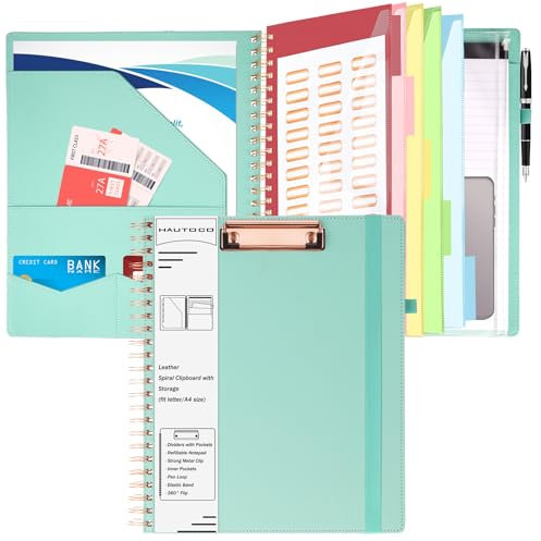 HAUTOCO PU-Leder Klemmbrett Folio mit Zip Beutel, Klemmbrettmappe A4 mit nachfüllbarem Notizblock, Klemmbretter mit 5 A4-Ordnern Lagerung 10 Taschen, Klemmbrett a4 mit Deckel für Schule/Büro, Blau