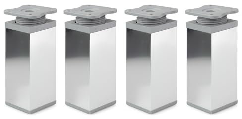 ATM® Lot de 4 pieds de meubles réglables en hauteur en aluminium et plastique - Profil carré : 40 x 40 mm - Couleur : chromé - Hauteur 150 mm (+20 mm) - Vis à bois de qualité supérieure incluses