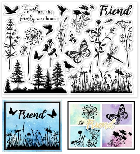 GLOBLELAND Transparente Stempel Mit Pflanzen Und Blumensilhouetten Für Die Kartenherstellung Schmetterling Und Libelle Transparente Stempelsiegel Silikonstempel Für DIY Scrapbooking