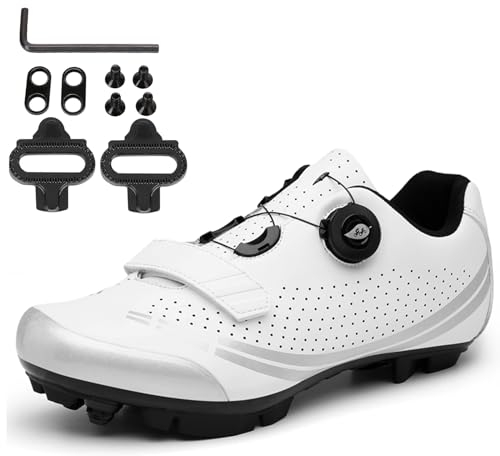 PENXZT Fahrradschuhe Herren Damen MTB Radschuhe kompatibel mit SPD 2 Schrauben mit Cleats Atmungsaktive Outdoor Mountainbike Schuhe,Weiß,38 EU