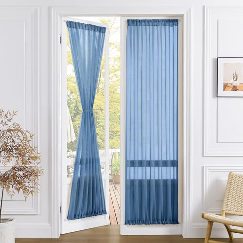 Tollpiz Tenda trasparente per porta dell'armadio, in lino testurizzato, con filtro della luce, tenda per porta francese, con tasca per asta, patio, porta in vetro, 63,5 x 203,2 cm di lunghezza, blu