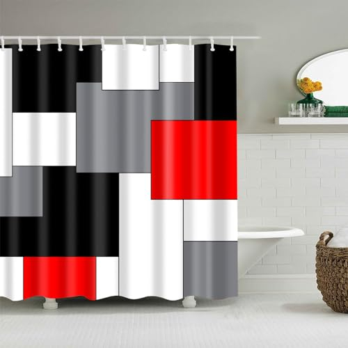 BOYOUTH Duschvorhänge mit geometrischem Muster, Digitaldruck, Polyester, wasserdichter Stoff, Badvorhang mit 12 Haken, 183 x 213 cm, Schwarz, Grau, Rot, Weiß, mehrfarbig