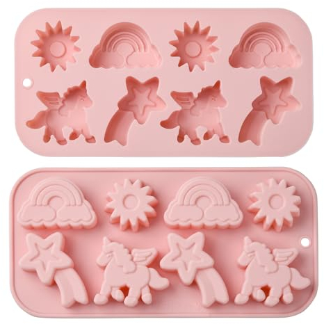 Stiesy Lot de 2 moules en silicone réutilisables en forme de licorne rose en forme de soleil pour chocolat, savon, gâteau, bonbons, pudding