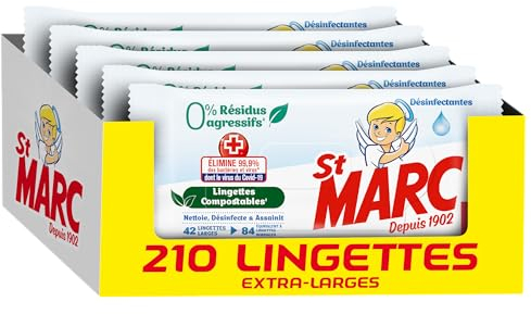 St marc Lingettes nettoyantes Désinfectantes 0% Résidus Agressifs, Compostable - 42 lingettes antibactérien larges en Lot de 5 (Total 210 lingettes)