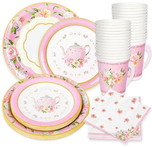 Whaline Pink Tea Party Geschirr Supplies serviert 24 rosa Blumen-Teeparty-Einweg-Papiergeschirr, 24 Teller à 22,9 cm, 24 Untertassen à 17,8 cm, 24 Teetassen mit Griff, 48 Lunch-Servietten