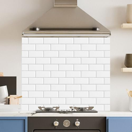 Toughened 6mm Glass Kitchen Splashback 90 x 65cm White Metro Tile - Polished Heat Resistant Back Splash for Cookers Hob