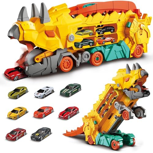 deAO Dino Transport Truck Spielzeug Autos für Jungen Inkl, Tragbare Rennstrecke Truck mit 8 Stück Metal Rennwagen, Transporter Spielset Geschenk für Kinder von 4 bis 8 Jahren (Gelb)