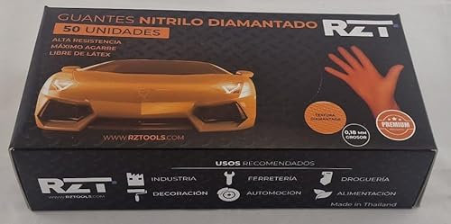 RZ TOOLS GUANTES de NITRILO DIAMANTADO naranjas - Los guantes de nitrilo MÁS RESISTENTES del mercado - SIN LÁTEX - REUTILIZABLES (Talla XL Pack 100-7 micras)