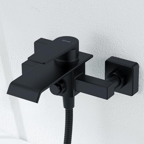 Ulytid Rubinetto per vasca da bagno a cascata nera, rubinetto per vasca da bagno, in ottone, miscelatore per vasca da bagno con interruttore a pressione, rubinetto da parete, rubinetto per vasca da