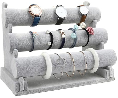 PRITOK Armbandständer aus Samt mit Abnehmbaren 3 Etagen Armband Display, Schmuckständer für Frauen Mädchen, Schmuckständer Samt, Schmuckhalter für Armband, Halskette und Uhr (Grau)