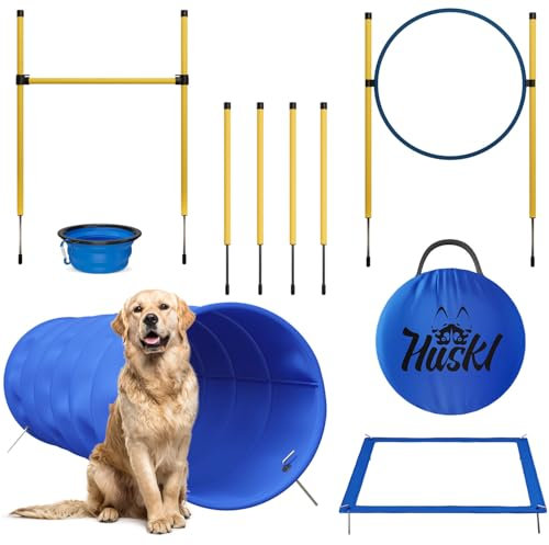 Huskl Agility Set Hunde Klein und Groß, Hundetraining Zubehör - Tunnel für Hunde, Agility Stangen, Hürdenstange, Agility Ring, Pausenbox & Faltbarer Hundenapf Gr. S für Hunde Beschäftigung