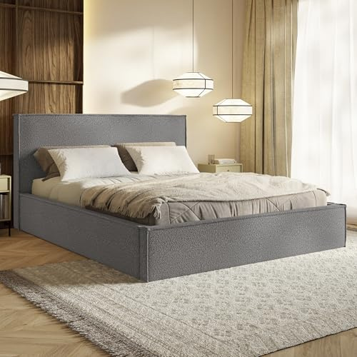 MOTIVENA Boho Bett 200x200 Grau Boucle, mit Stauraum, mit Kopfteil, mit Lattenrost, ohne Füße, ohne Matratze, Polsterbett 200x200 mit Bettkasten Grau (Anthrazit)