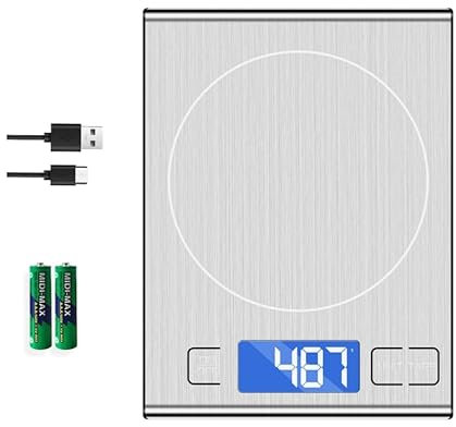 15kg Küchenwaage aus 304 Edelstahl, Wiederaufladbar Lebensmittelwaage, Digitalwaage Briefwaage mit LED-Display und Tara Funktion, Batterien und Typ-C Aufladen, Digitalwaage für Kochen und Backen
