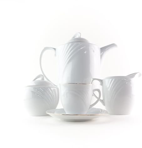 FranquiHOgar Kaffeeservice Lubeck aus weißem Porzellan mit Goldrand, 27-teilig, geprägtes Design