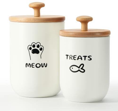 OTTENON Cat Treat Container with Airtight Lid, Cat Food Oganizer Dry Food, Cat Food Storage Containers, Pet Treats Canister, Cat Treat Jar Set of 2-8.3x4.9 & 7.1x4.3 (White)