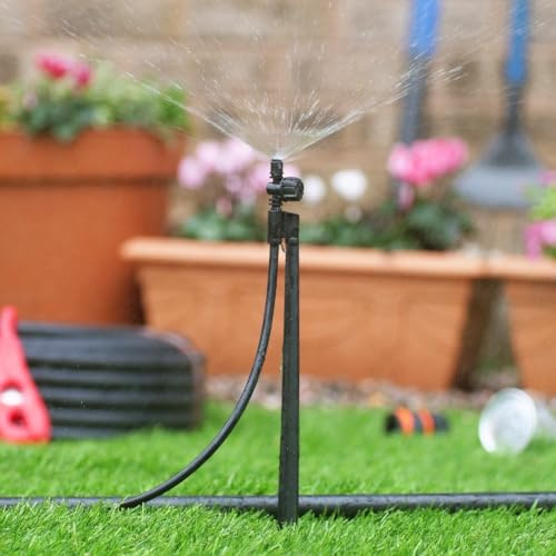 HydroSure Adjustable Vari-Jet With Stake Assembly 180° Pattern 0-75 L/H - Pack of 4 Garden Irrigation Sprinkler Heads with Ground Stakes, Adjustable Water Flow and Mid-Range Coverage for Lawn Edges