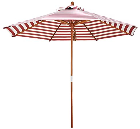 Gartensonnenschirm aus Holz, 2,7 m Sonnenschirm für den Außenbereich, rot-weiß gestreifter Strandschirm, Sonnenschutz, Holzmast, Seilzugbetrieb, Polyester 230 g/m²,