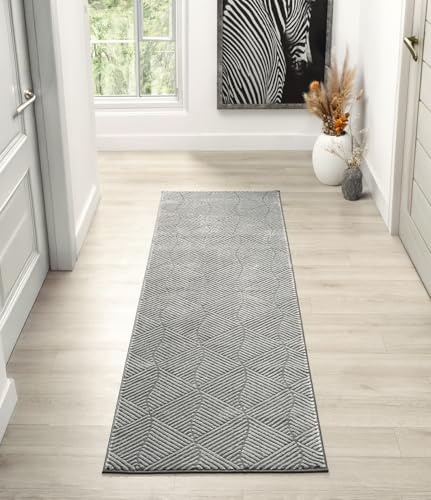 Vellure Modern Metallic Hallway Runner Rug, Pyramid Anthracite, 60x220cm