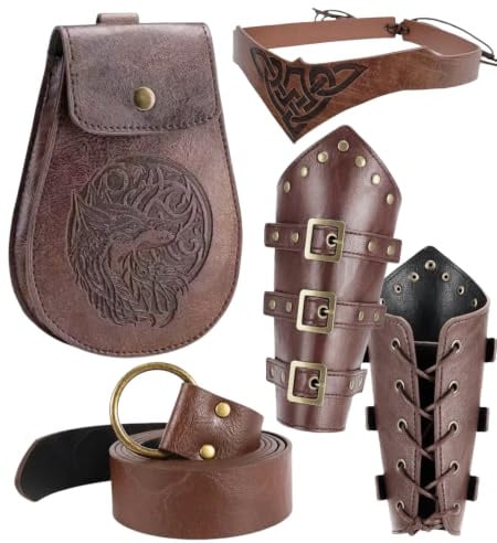 kasahara Mittelalter Gürtel Gürteltasche Set Geprägter Wikinger Outfit Accessories Vintage Armschienen Renaissance Wikinger Kostüm Zubehör für Fasching Halloween Festival Mottoparty