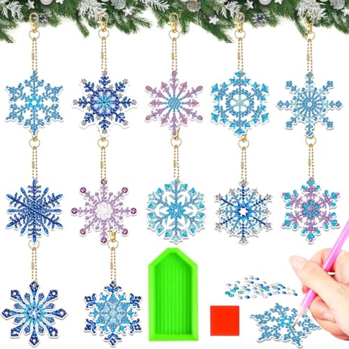 12 Stück Diamond Painting Weihnachten Anhänger, 5D Schneeflocken DIY Diamant Malerei Schlüsselanhänger, Doppelseitige Schneeflocken Diamond Painting Anhänger für Weihnachtsbaum Hängend Winter Dekor