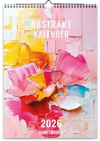 Kunstbruder 2026 Abstrakter Wandkalender, A5 Format, Monatskalender mit Kunstdrucken, Rosa-Gelb-Orange Farbdesign, Dekorativer Jahreskalender für Wohnzimmer und Schlafzimmer