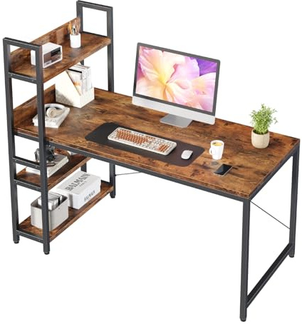Sweetcrispy Schreibtisch mit Seitlichem Regal & Verstellbaren Füßen, 120 cm breiter Bürotisch, Starker Computertisch mit Ablagefläche, Einfacher Montage, vintagebraun