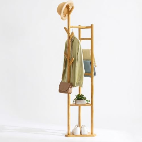 VAVVIP Bamboo Corner Coat Rack - Freestanding Hall Tree Stand with Trouser Rails & Bottom Shelf - 168cm Tall Space-Saving Clothes Hanger for Entryway, Bedroom, Office