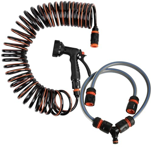 10m Spiral Dog Shower Hose Set with Multi-Function 9-Pattern Spray Gun & Hot/Cold Water 3-Way Splitter