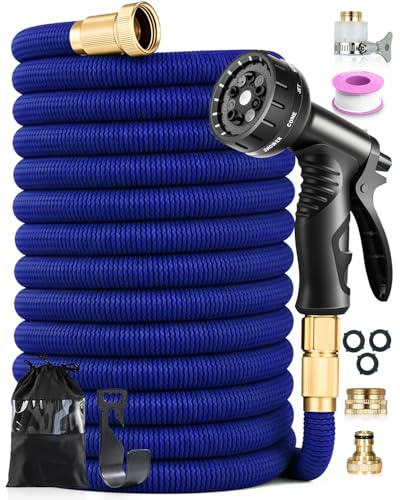 Expandable Garden Hose Pipe 150FT/45M, 10 Function Nozzle, 4-Layer Latex, 3/4 & 1/2 Fittings, Durable 3750D Fabric, Easy Storage and Leak-Resistant Design for Gardening, Car Cleaning, Blue