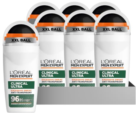 L'Oréal Men Expert 96H Dry Touch, Deoroller für Männer, Deo Roll-On gegen übermäßiges Schwitzen und Körpergeruch, Herren Anti-Transpirant Deo, aromatischer Duft, 0% Alkohol, Clinical Ultra, 6x 50ml