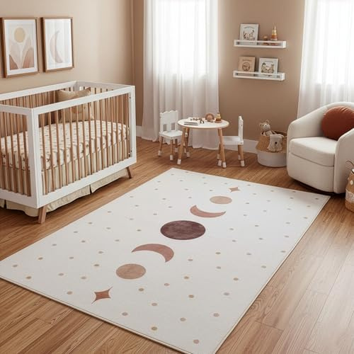 Carpetsale24 Kinderteppich Mondphasen für Kinderzimmer in Creme mit Boho Design Größe 120x170 cm ideal als Spielteppich