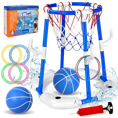 Beeoecm Canasta de Baloncesto Piscina, 2-en-1 Canasta Baloncesto Flotante para Piscina con 2 Pelotas, 12 Anillas y Bomba, Juego de Agua para Adultos Niños