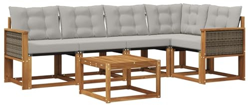 vidaXL Outdoor-Sofagarnitur mit Kissen 6 pcs Natürlich und Hellgrau, Akazien Outdoor Sofa Set, modische Möbel für Terrasse, wetterfester Couch, entspannende Sitzgruppe im Garten