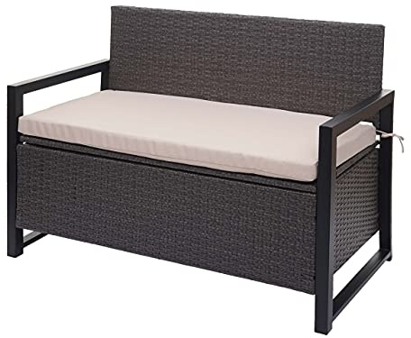PROREGAL Poly-Rattan 2er Sitzbank | HxBxT 87x117x57cm | Gartenbank Truhenbank | Grau | Kissen Beige | Staufach Aufbewahrung Sitzkissen