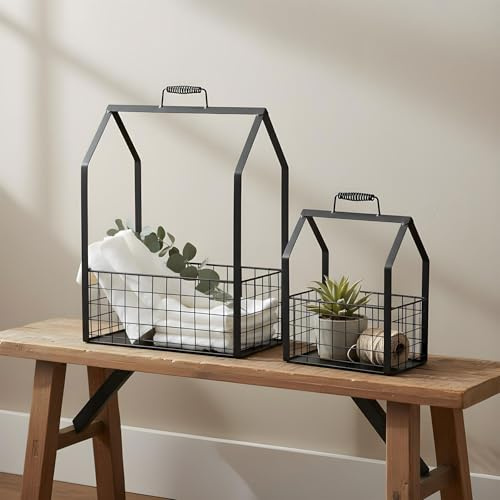 levandeo 2er Set Aufbewahrungskorb Metall Schwarz Hausform Griff Dekokorb Drahtkorb Deko Skandi Industrial Vintage Landhausstil