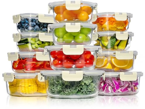 YASHE Boite Alimentaire Verre avec Couvercle Hermétique - Lot de 12 Lunch Box Verre Réutilisables, Sans BPA, Compatibles Micro-ondes, Four, Lave-vaisselle, Congélateur, Blanc