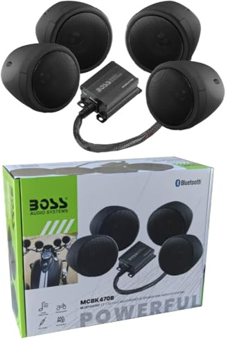 KIT SET PER BOSS AUDIO SYSTEMS MCBK470B, kit con amplificatore full-range, classe d, e 4 diffusori neri da 7,6 cm 76 mm 3, per moto, motocicletta, weatherproof, 1 kit