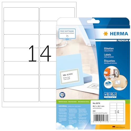HERMA 5076 Universal Etiketten, 800 Blatt, 99,1 x 38,1 mm, 14 pro A4 Bogen, 11200 Stück, selbstklebend, bedruckbar, matt, blanko Papier Klebeetiketten Aufkleber, weiß