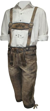 Lederhose Trachtenlederhose Kniebundhose Hirschleder-Optik Patina braun speckig Trachtenhose Stickerei Trachten-Kniebund-Hose Leder Knickerbocker Wildbockleder Antik mit Träger, Größe:44