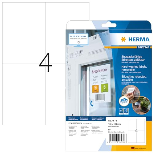 HERMA 4576 Wetterfeste Folienetiketten ablösbar, 20 Blatt, 105 x 148 mm, 4 pro A4 Bogen, 80 Stück, selbstklebend, bedruckbar, matt, blanko Klebeetiketten Aufkleber aus Folie, weiß